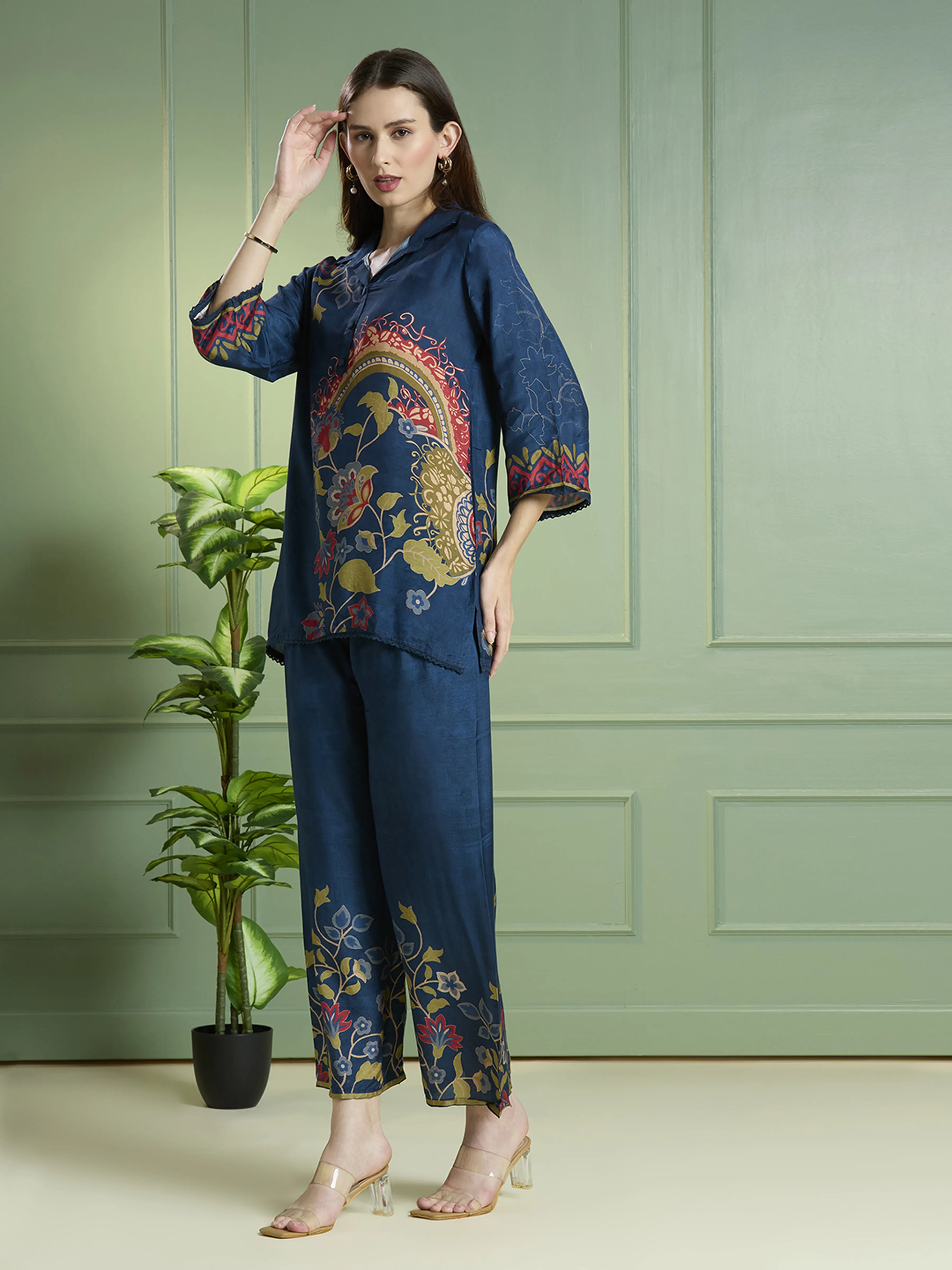 Navy Blue Paisley & Floral Printed Co-ord Set in Viscose Muslin
