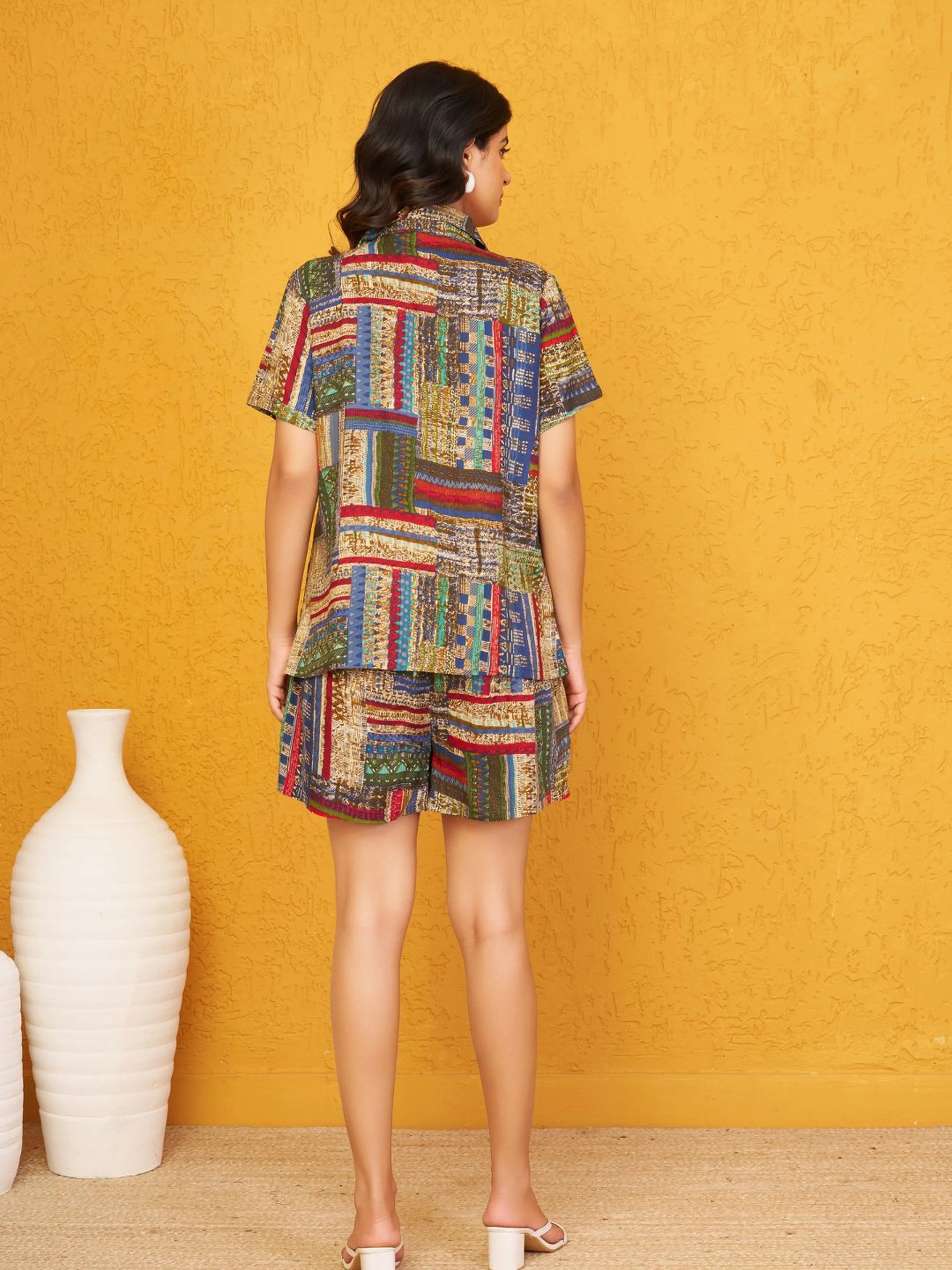 Multicolor Patch Print Shirt & Elasticated Shorts Co-ord Set in Viscose
