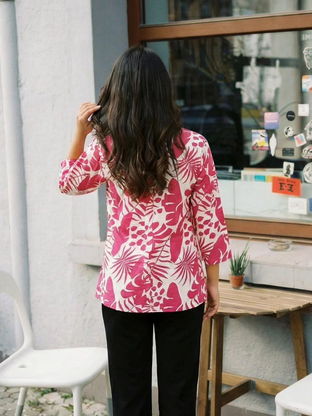 Magenta Leaf Print Pintuck Kurti