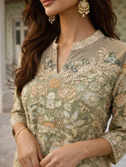 Sage Green Floral Bead Embroidered Muslin & Chinon Co-ord Set