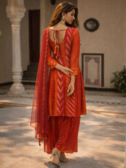Crimson Orange Ombre Banarasi Brocade Kurti Set with Dupatta Golden Lurex & Tassel Tie-Back