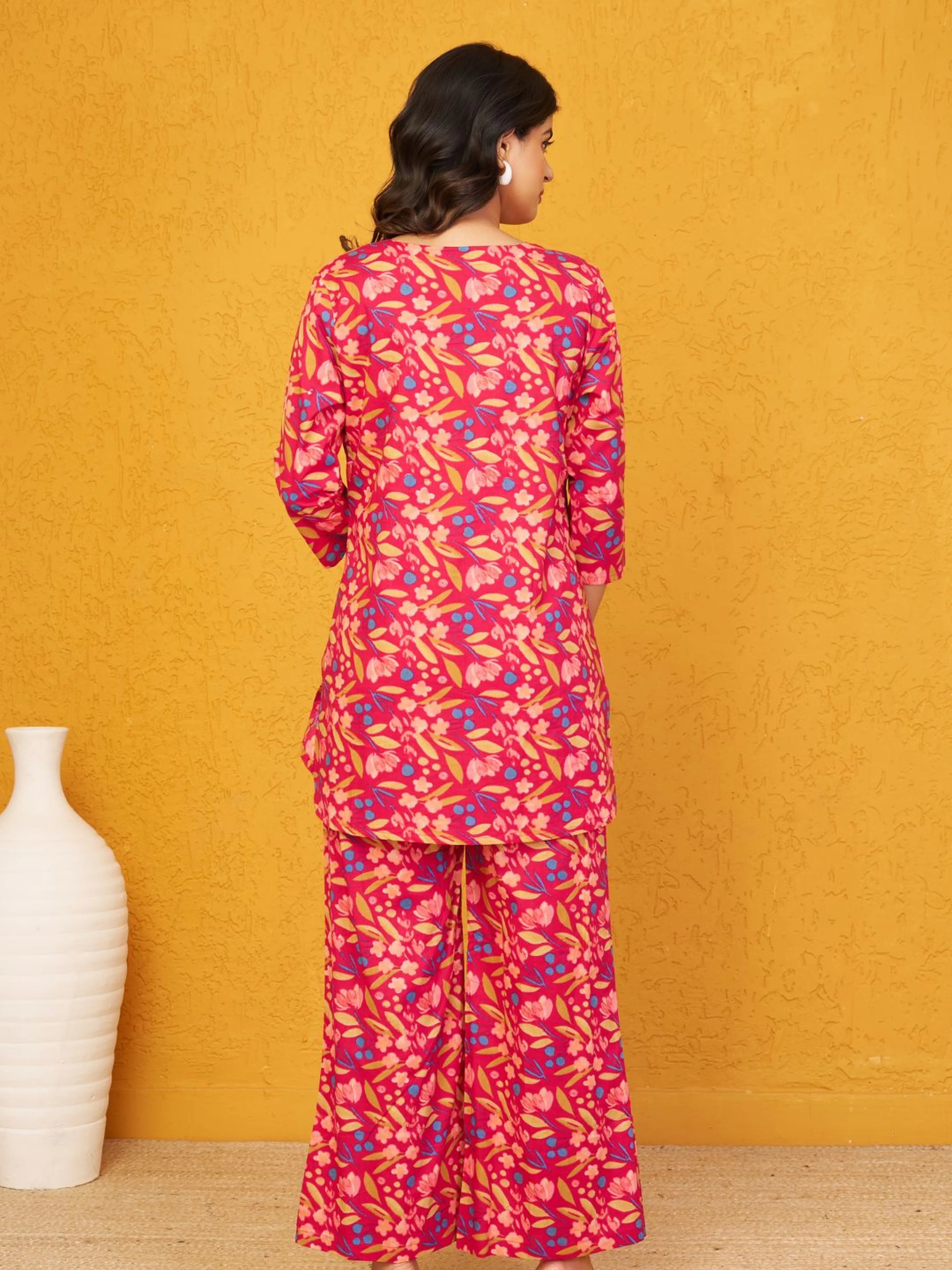 Raspberry Base Multicolor Floral Co-ord Set in Cotton Cambric