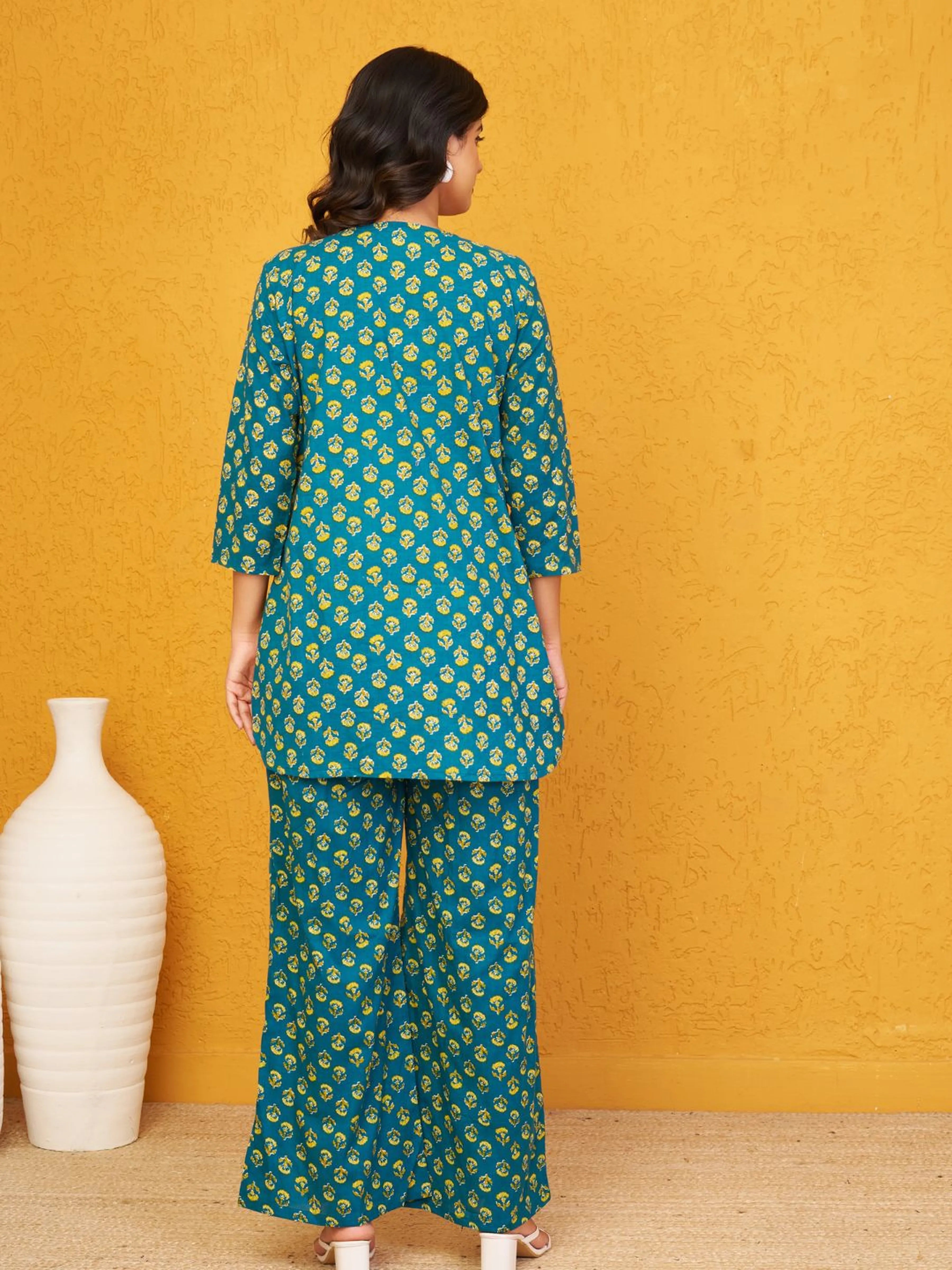 Green Floral Co-ord Set in Cotton Cambric