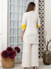 Cream Graphic Leaf Kurta & Wide-Leg Co-ord Set in Cotton Flex