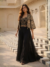 Black Embroidered Three-Piece Set with Cape Jacket & Tassel Details In Georgette & Chinon