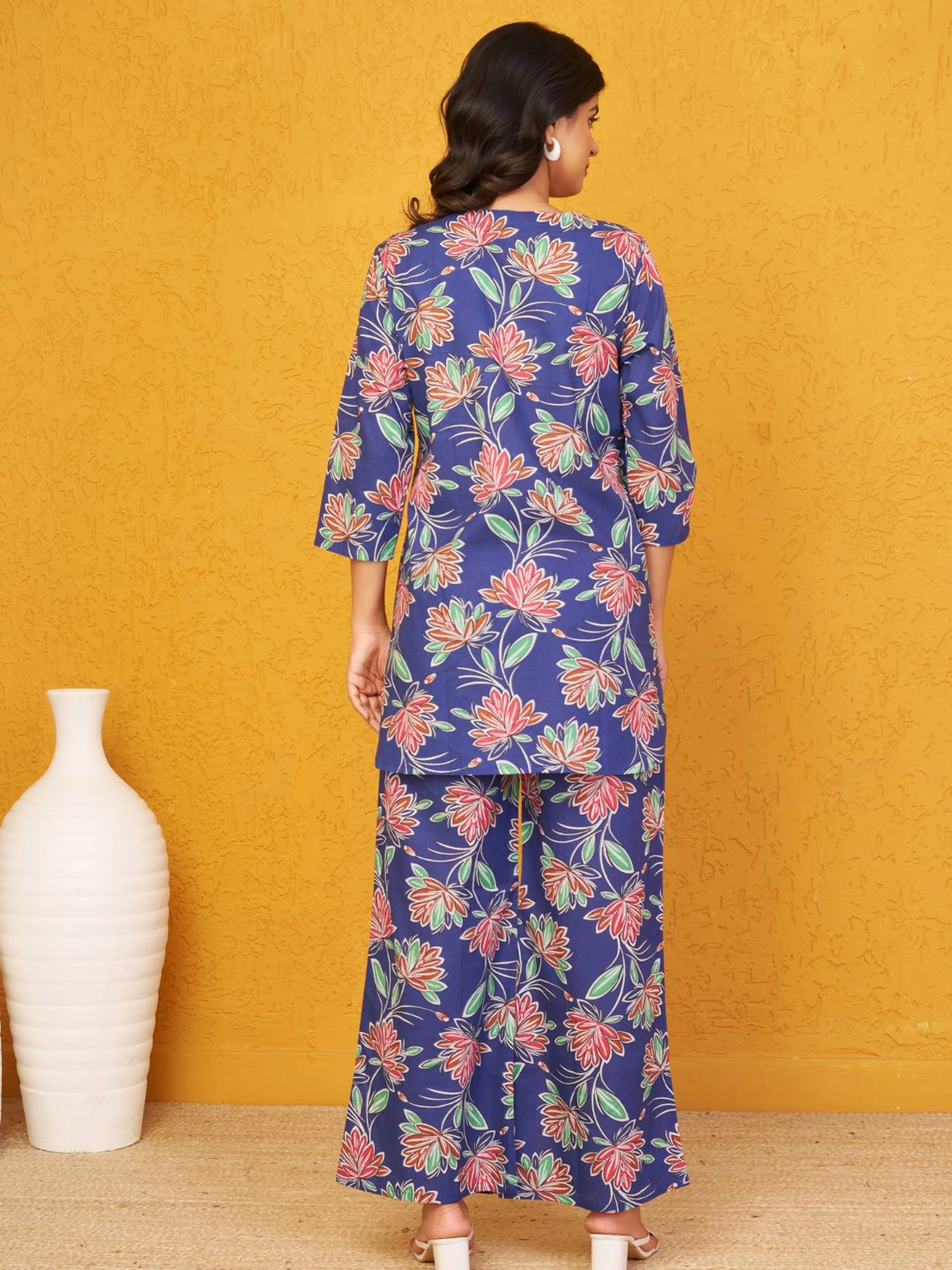 Navy Blue Floral Co-ord Set in Cotton Cambric