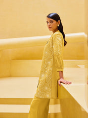 Yellow Embroidered Viscose Tunic With Flared Pant