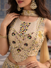 Beige Three-Piece Embellished Co-ord Set with Mirror Work & Chinon Palazzo