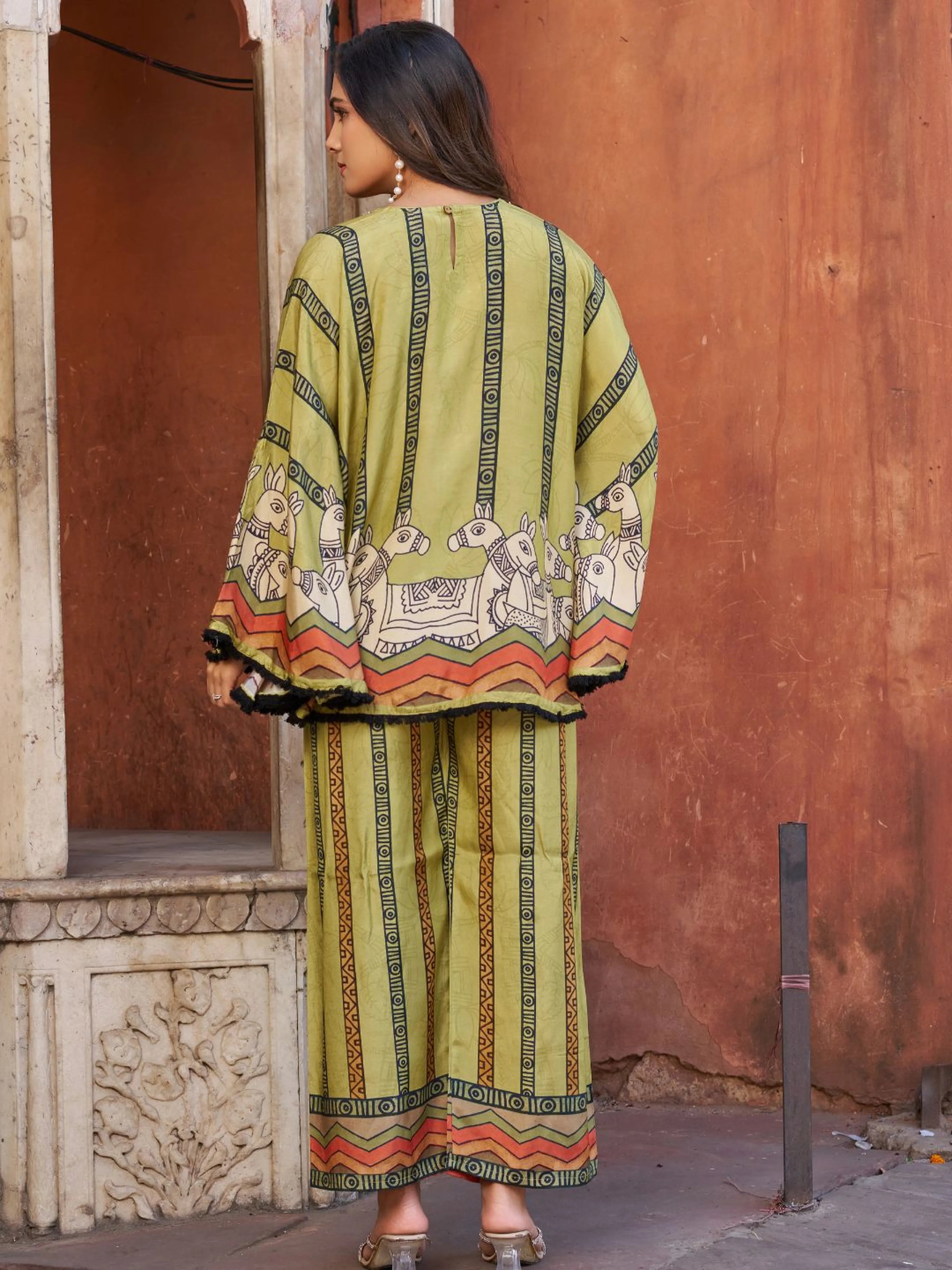 Green Horse Motif Printed Co-ord Set in Viscose Silk