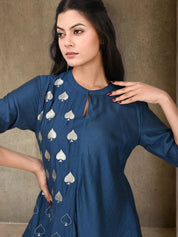 Dark Blue Embroidered Asymmetric Co-ord Set in Chanderi Silk