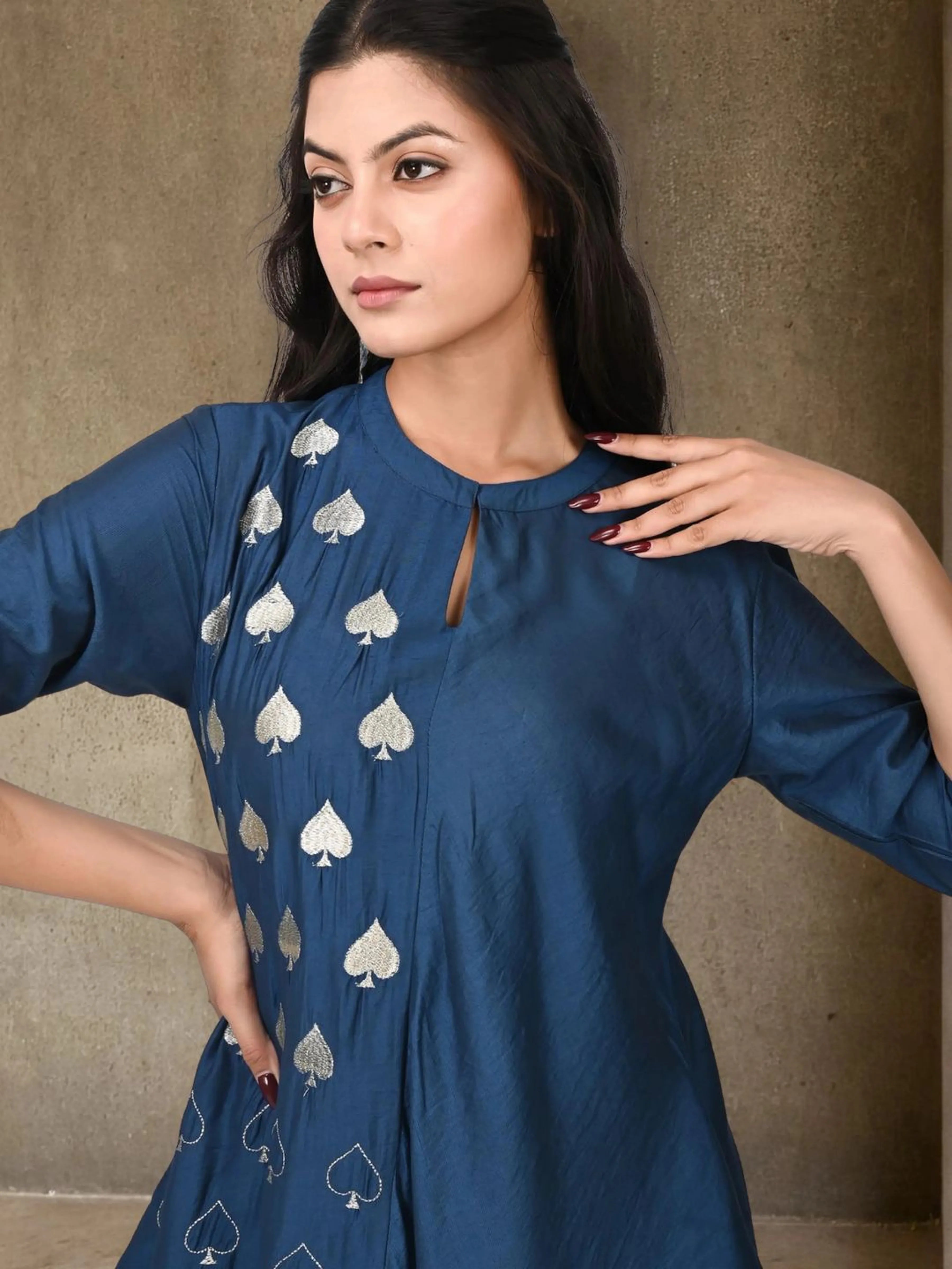 Dark Blue Embroidered Asymmetric Co-ord Set in Chanderi Silk