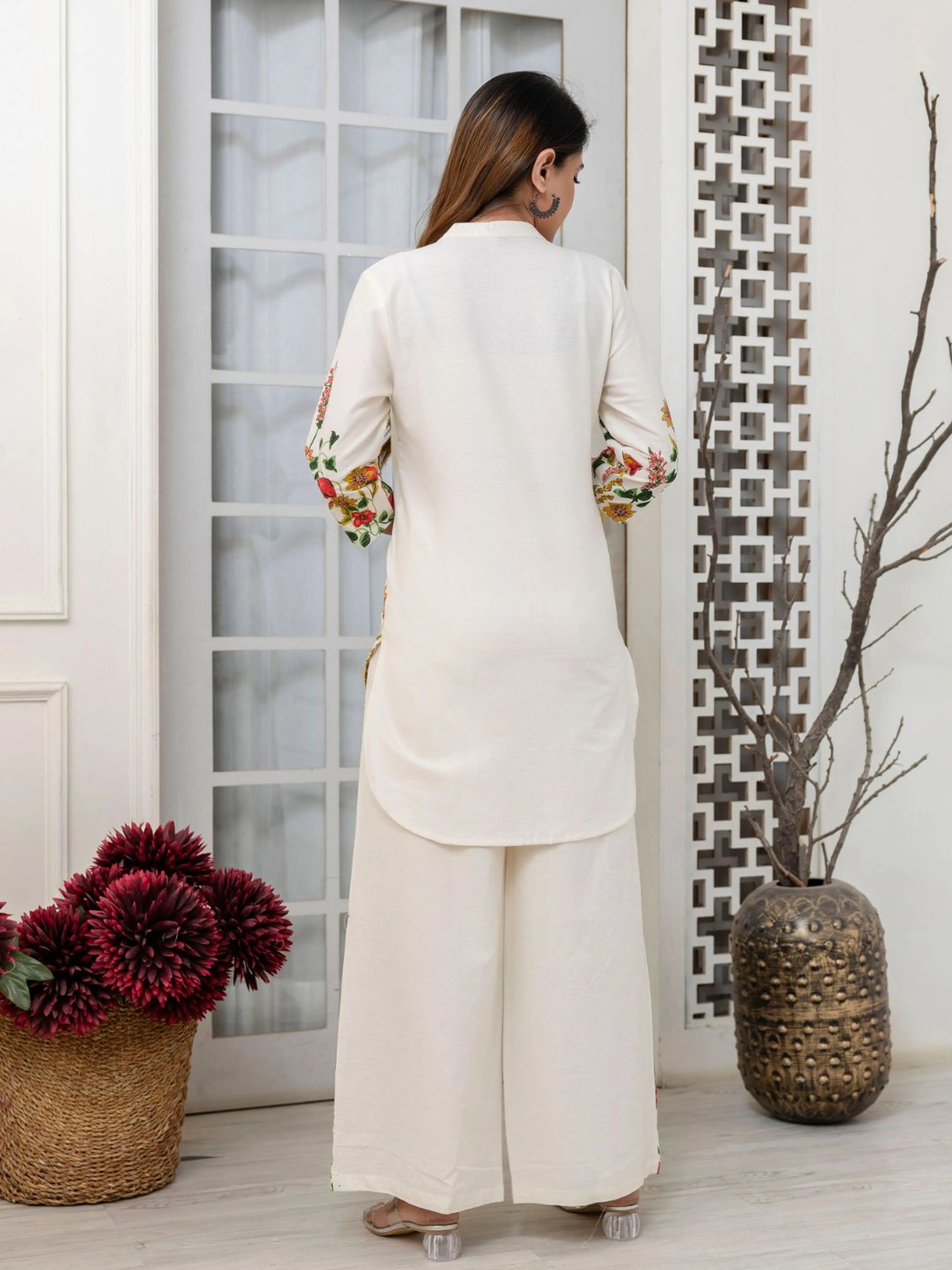 Cream Mandarin-Neck Kurta & Wide-Leg Floral Co-ord Set in Cotton Flex