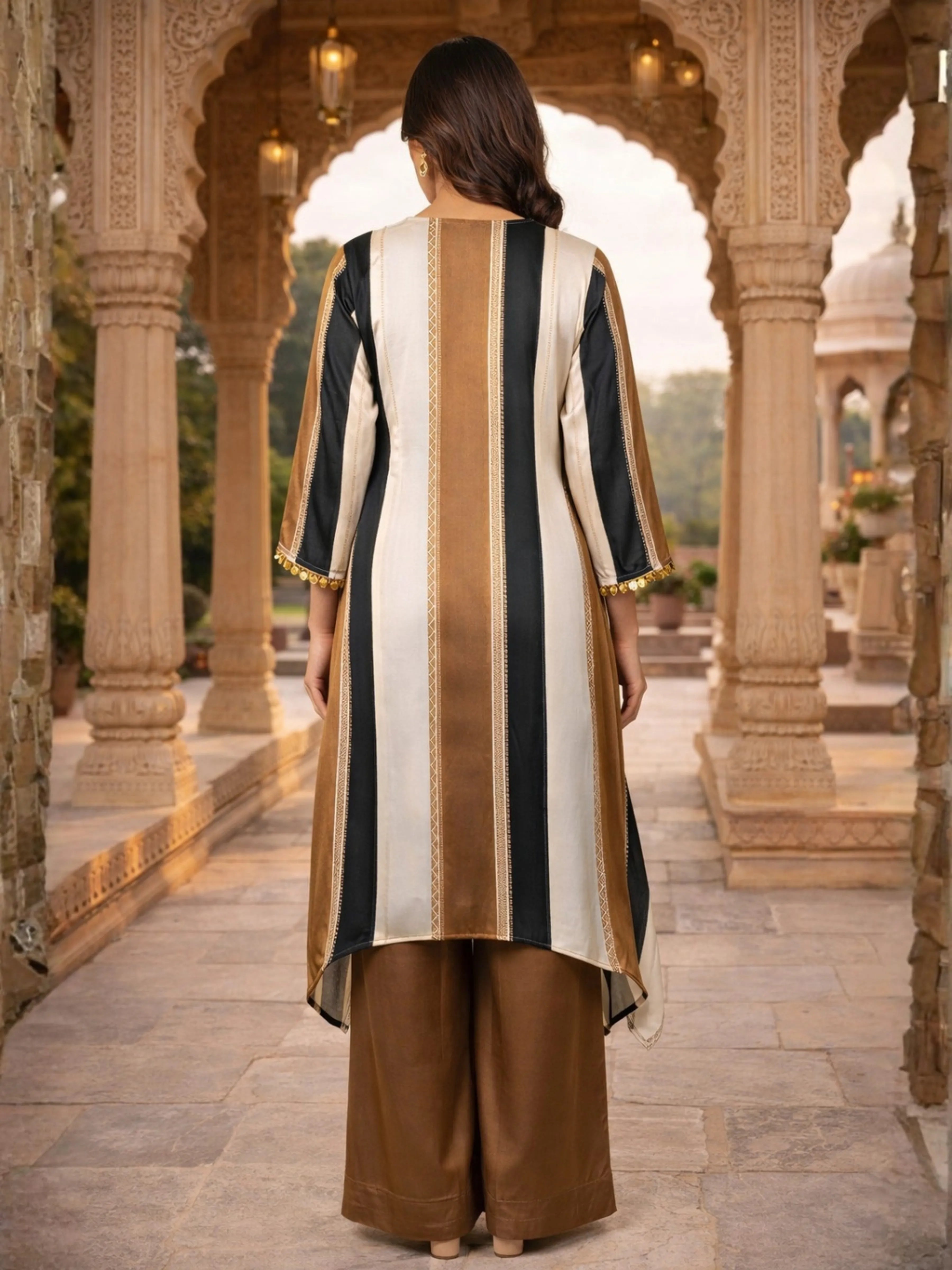 Khaki Brown, Black & Cream High-Low Co-ord Set with Metallic Tikli Embellishment