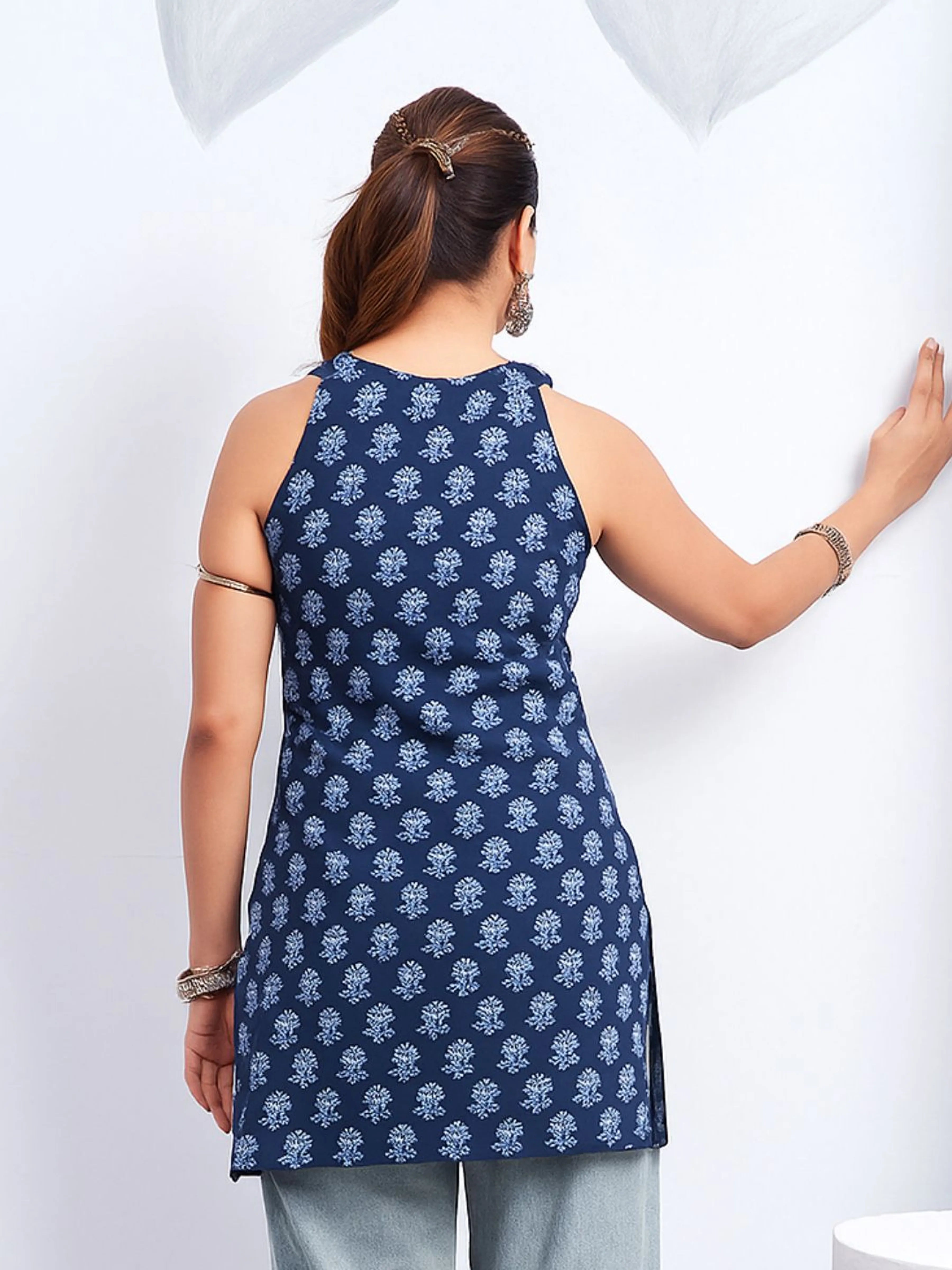 Dark Blue Halter Neck Cotton Kurti with Flower Motif Block Print