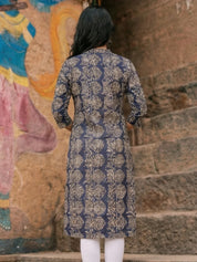 Deep Blue Leafy Block Print Cotton Kurta