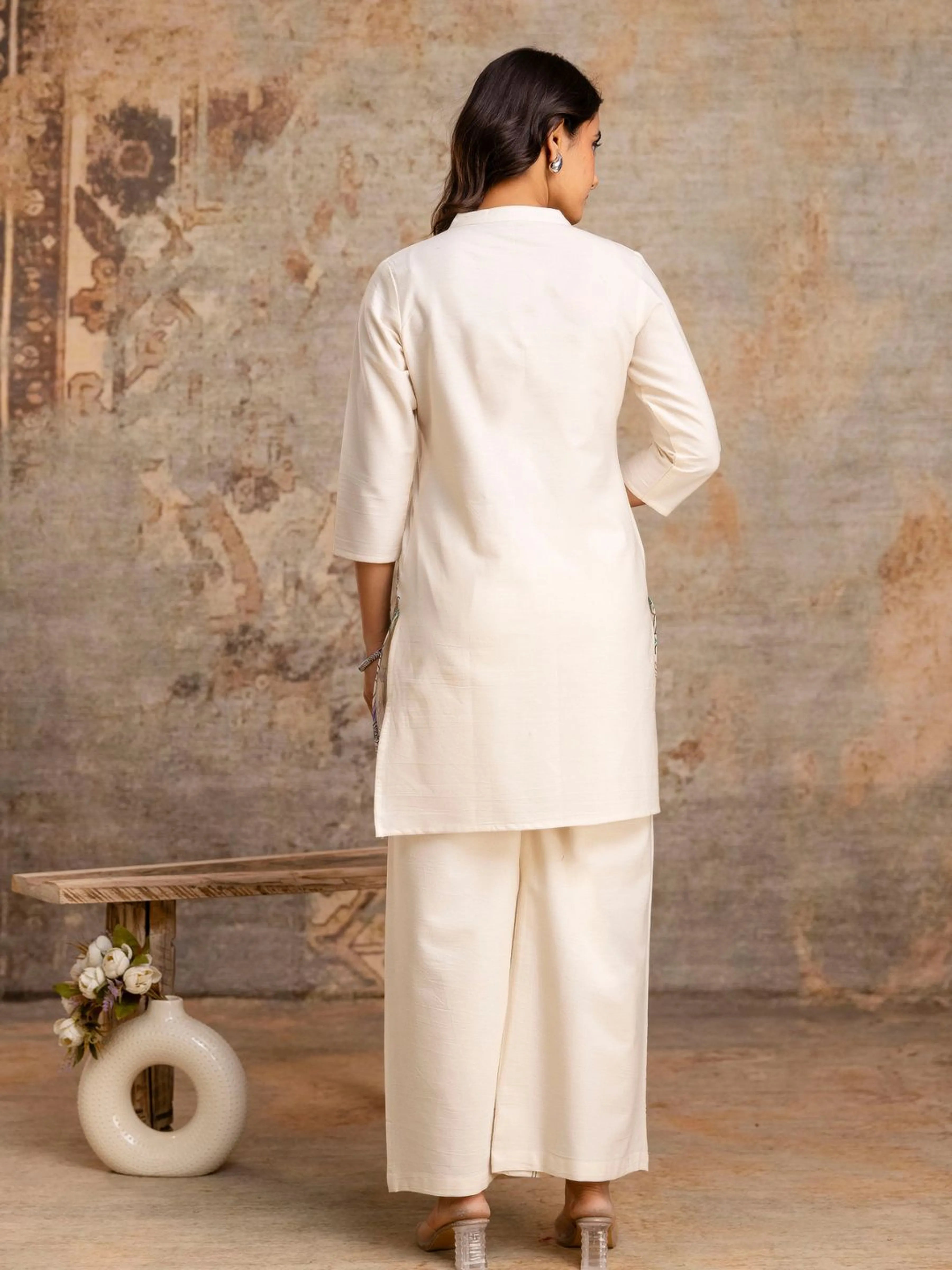 Ivory Floral Kurta & Wide-Leg Cotton Flex Co-ord Set