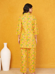 Mustard Yellow Base Multi Color Floral Shirt Collar Cotton Cambric Co-ord Set