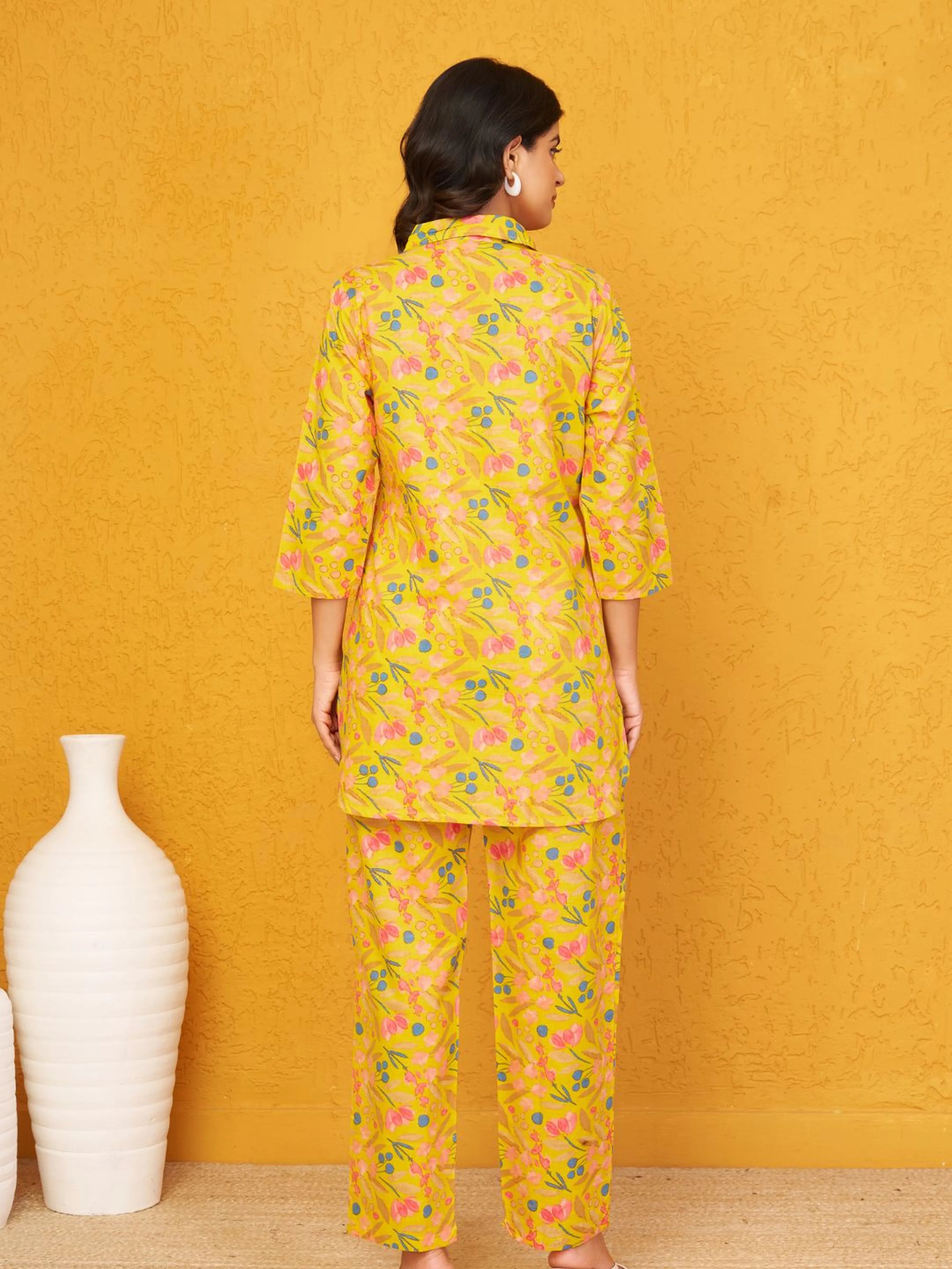 Mustard Yellow Base Multi Color Floral Shirt Collar Cotton Cambric Co-ord Set