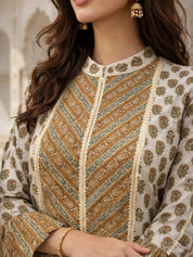 Butter Cream Lurex & Moti Embellished Muslin Co-ord Set with Flared Sleeves