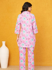 Plum Base Multi Color Floral Shirt Collar Cotton Cambric Co-ord Set