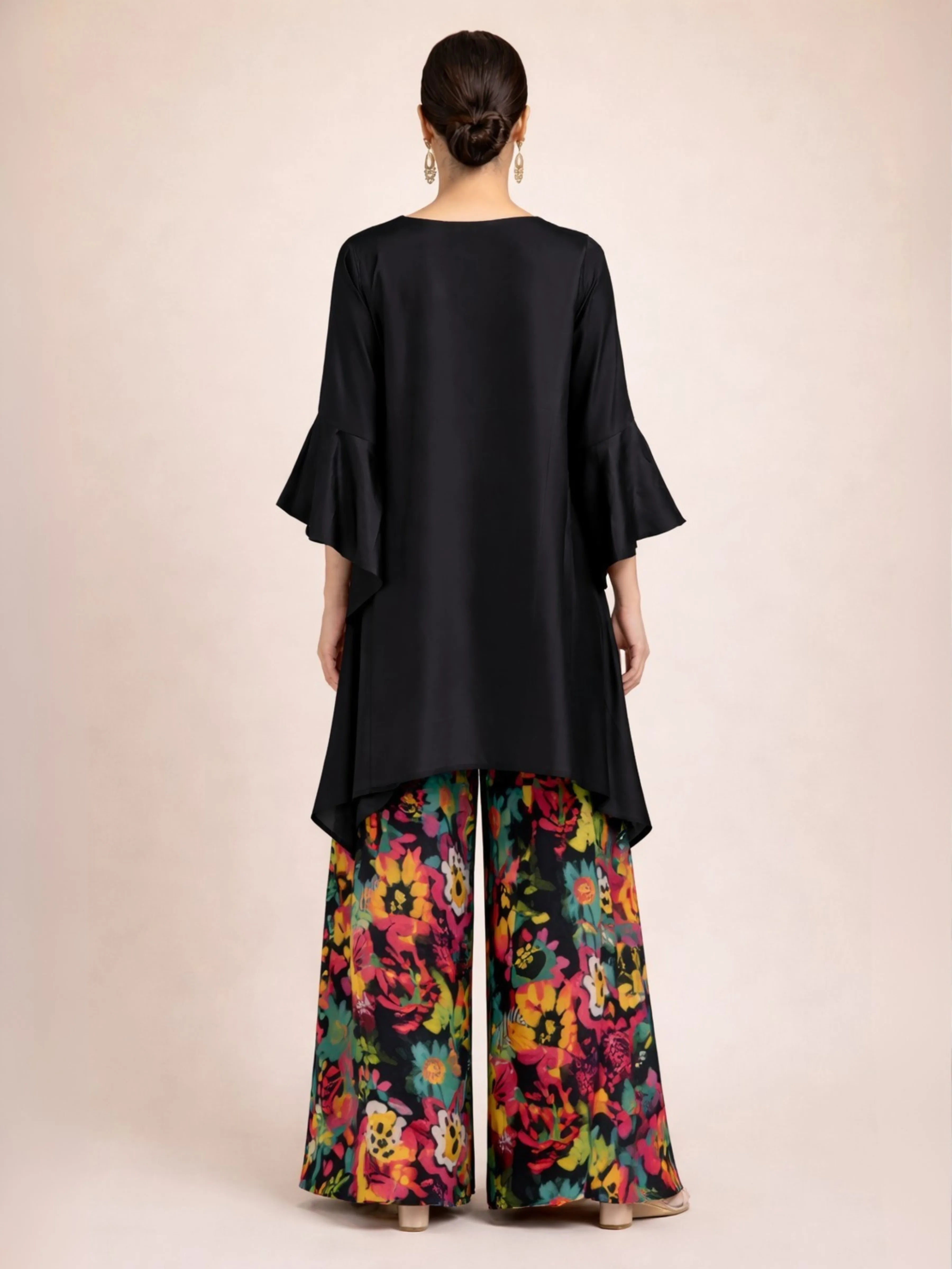 Black Asymmetrical Embroidered Kurti & Floral Palazzo Co-ord Set