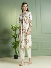 Natural Beige Floral Block Print Kurta Set in Cotton