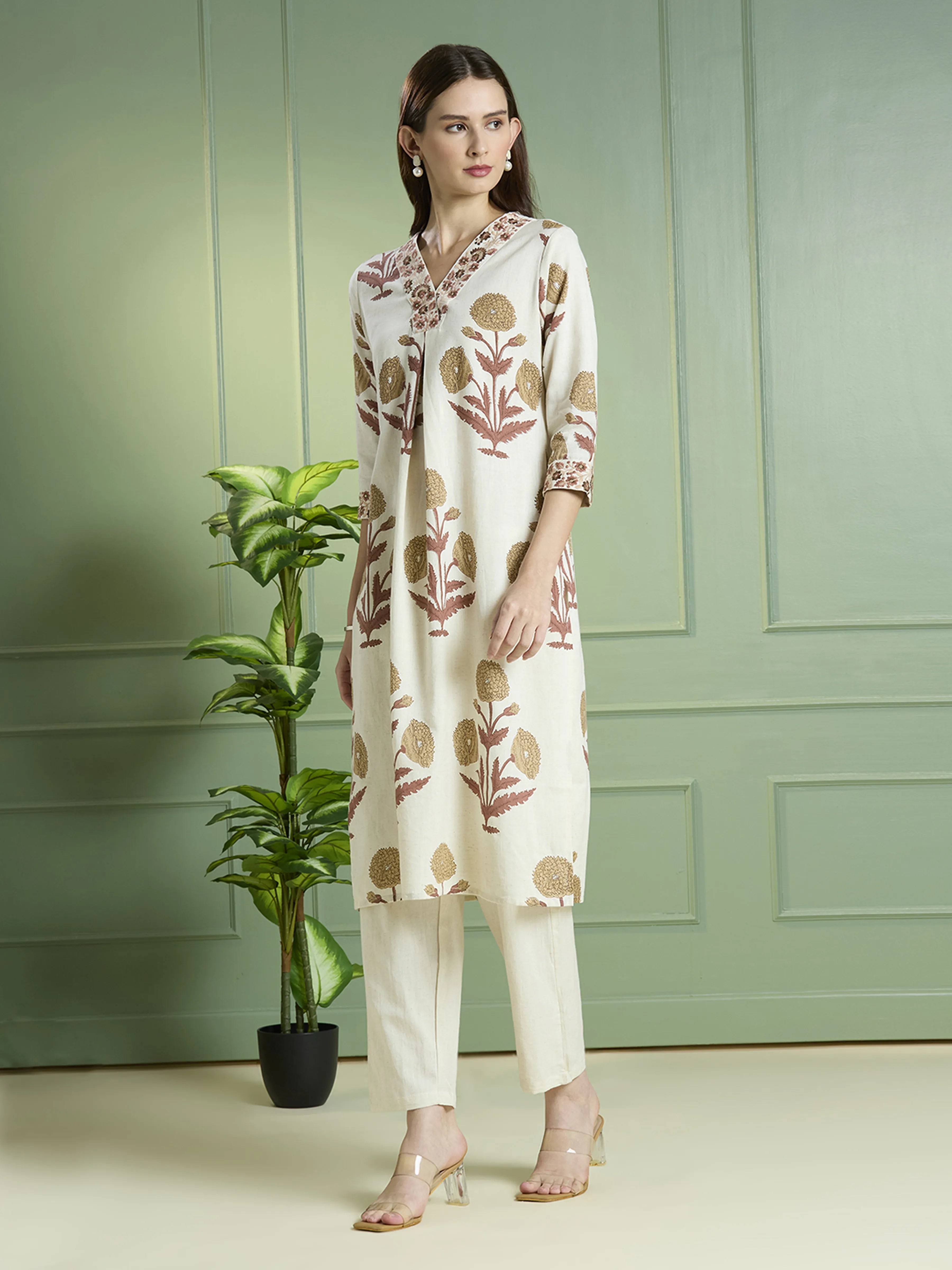 Natural Beige Floral Block Print Kurta Set in Cotton