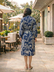 Navy Blue Abstract  Printed Bold Flower Russian Silk Midi Dress