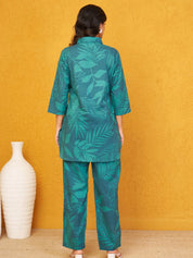 Dark Green Leaf Print Shirt Collar Cotton Cambric Co-ord Set