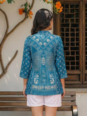 Indigo Geometric Floral Print Muslin Kurti