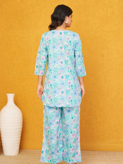 Seafoam Pearl Base Multi Color Floral Cotton Cambric Co-ord Set