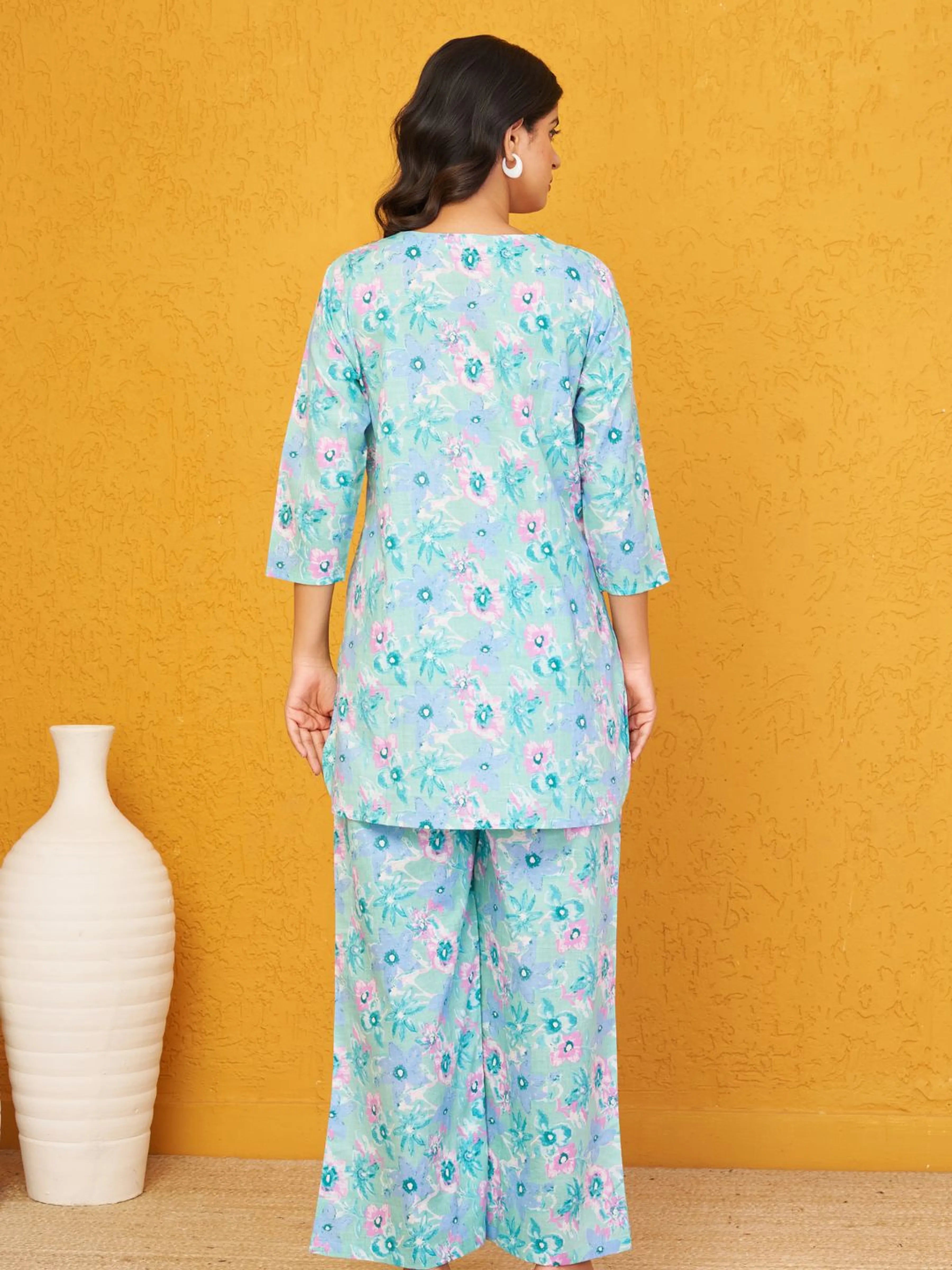 Seafoam Pearl Base Multi Color Floral Cotton Cambric Co-ord Set