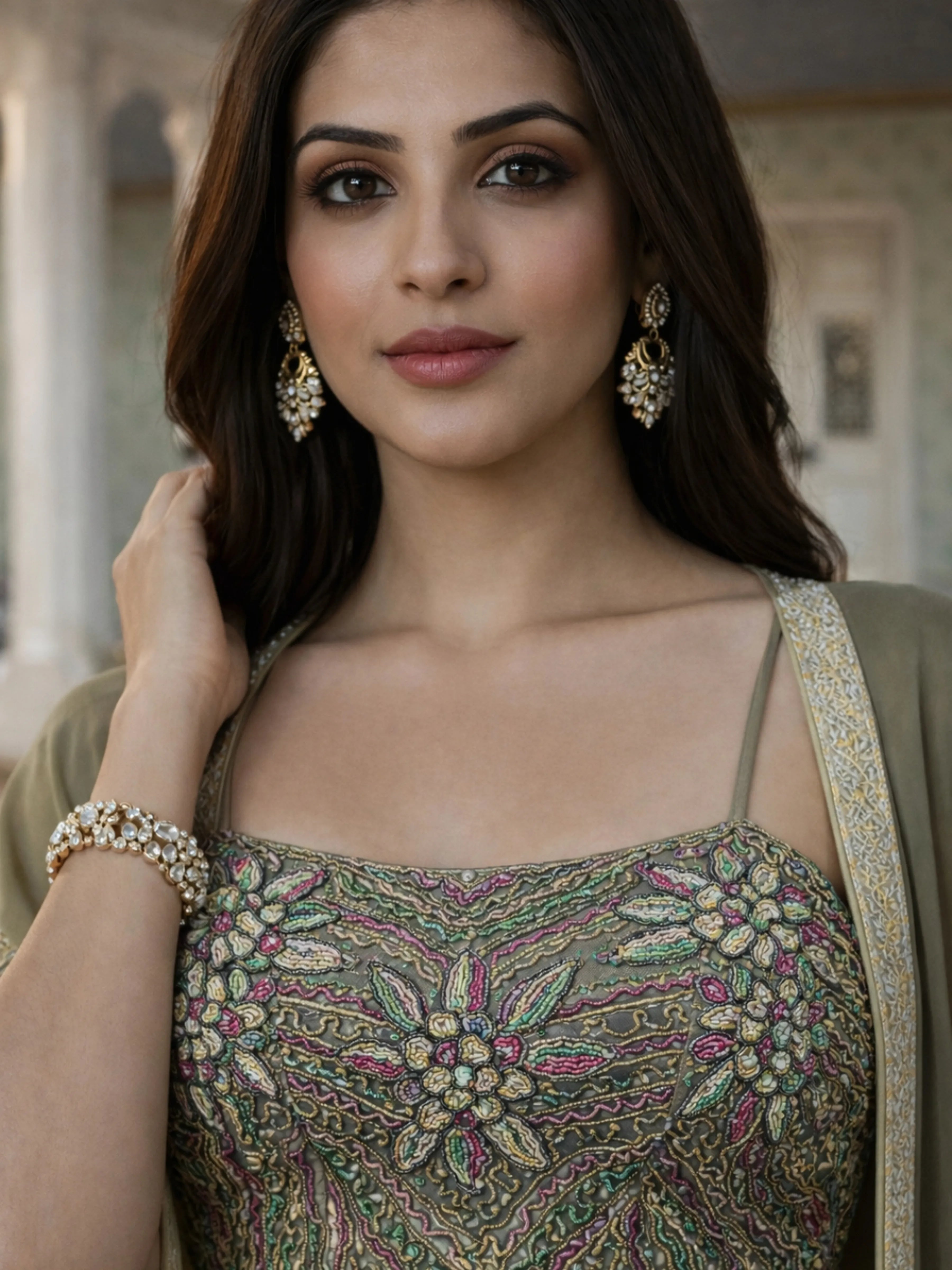 Olive Green Embroidered Three-Piece Set with Beaded Blouse, Tulip Skirt & Organza Cape Jacket