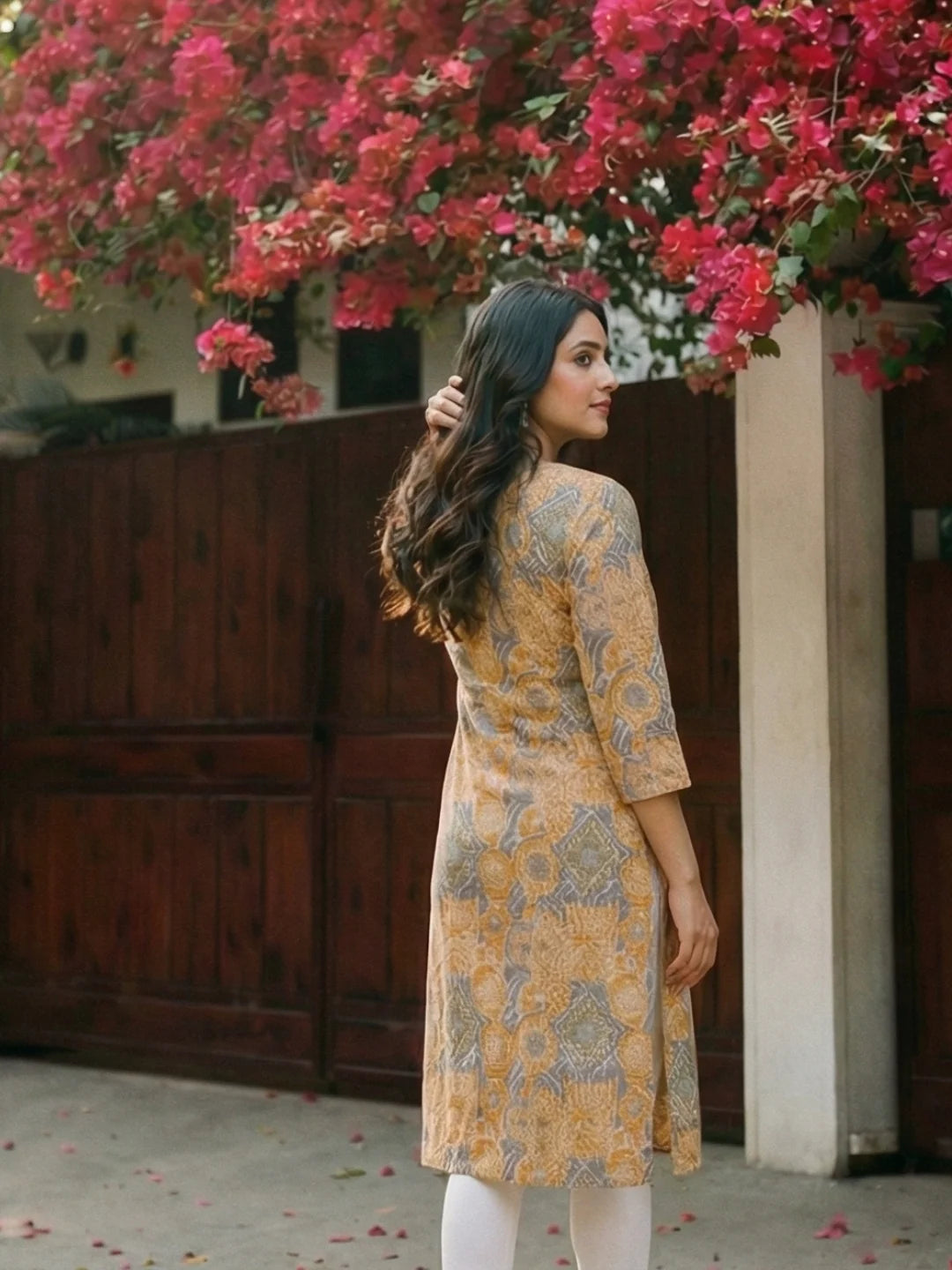 Yellow & Grey Block Print Cotton Kurta