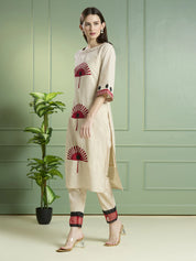 Beige Embroidered Motif Kurta Set in Cotton