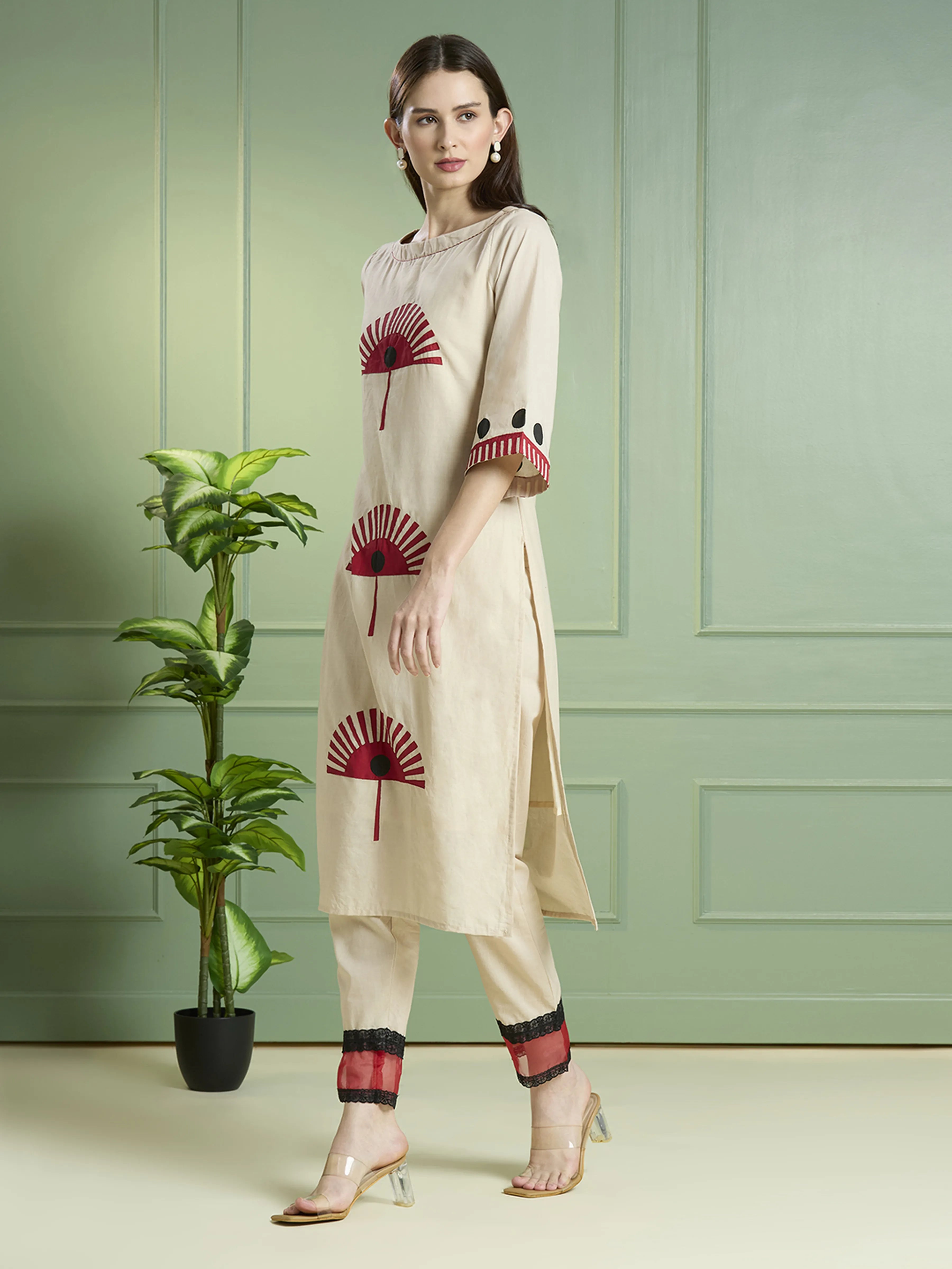 Beige Embroidered Motif Kurta Set in Cotton