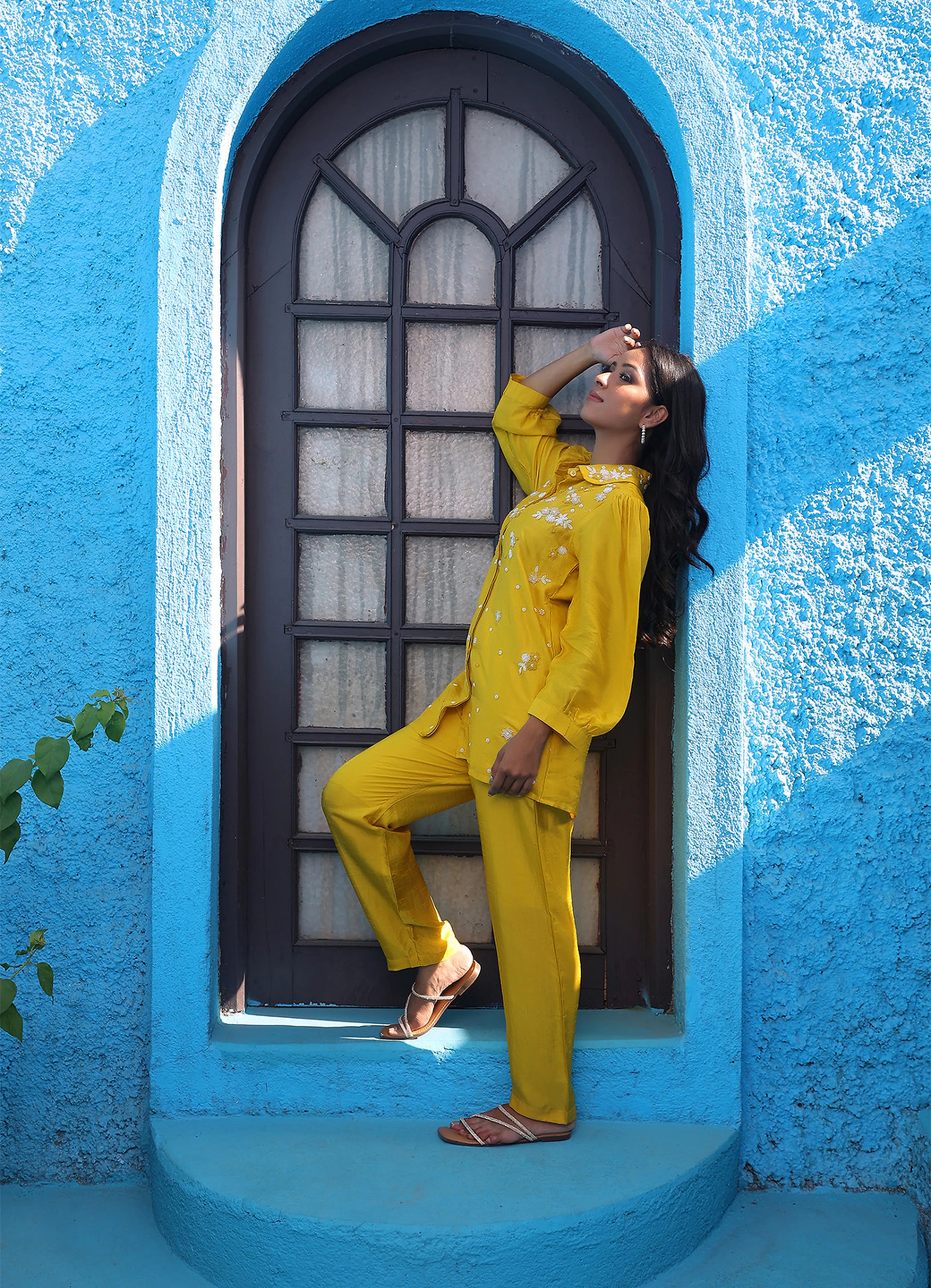 Yellow Hand Embroidered Pearl & Thread Dola Silk Shirt Co-ord Set