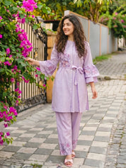 Lavender Pink Embroidered Tunic & Trouser Set With Belt
