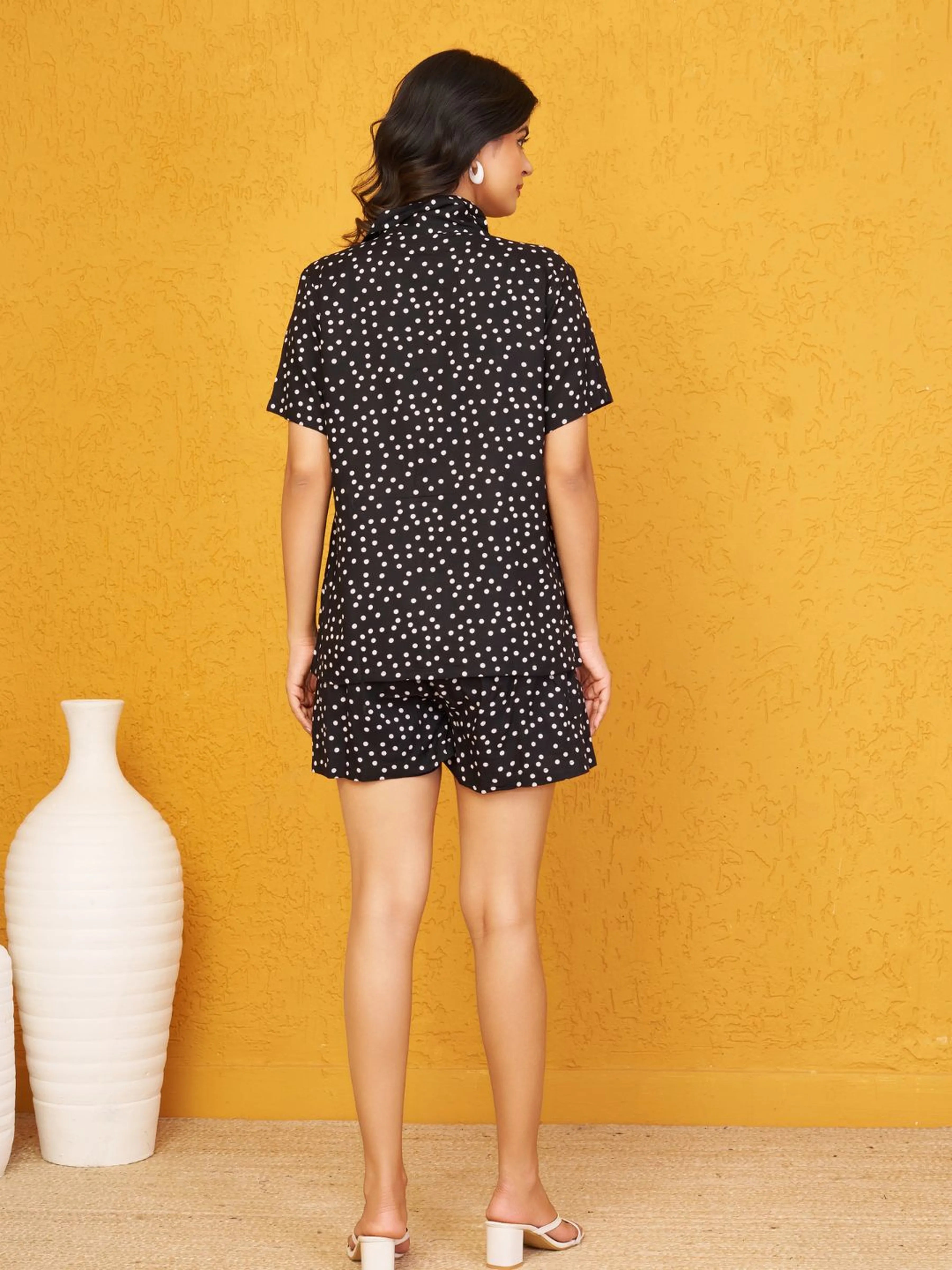 Black Polka Shirt & Elasticated Shorts Co-ord Set in Viscose