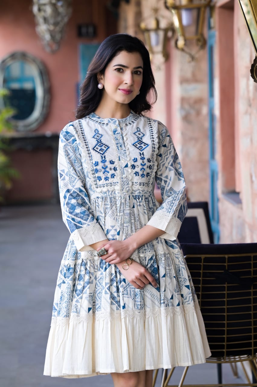 White Dress With Blue Philkari Embroidery