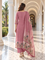 Pink Bird & Floral Printed Sequin Kurta Set with Dupatta in Kota Doria