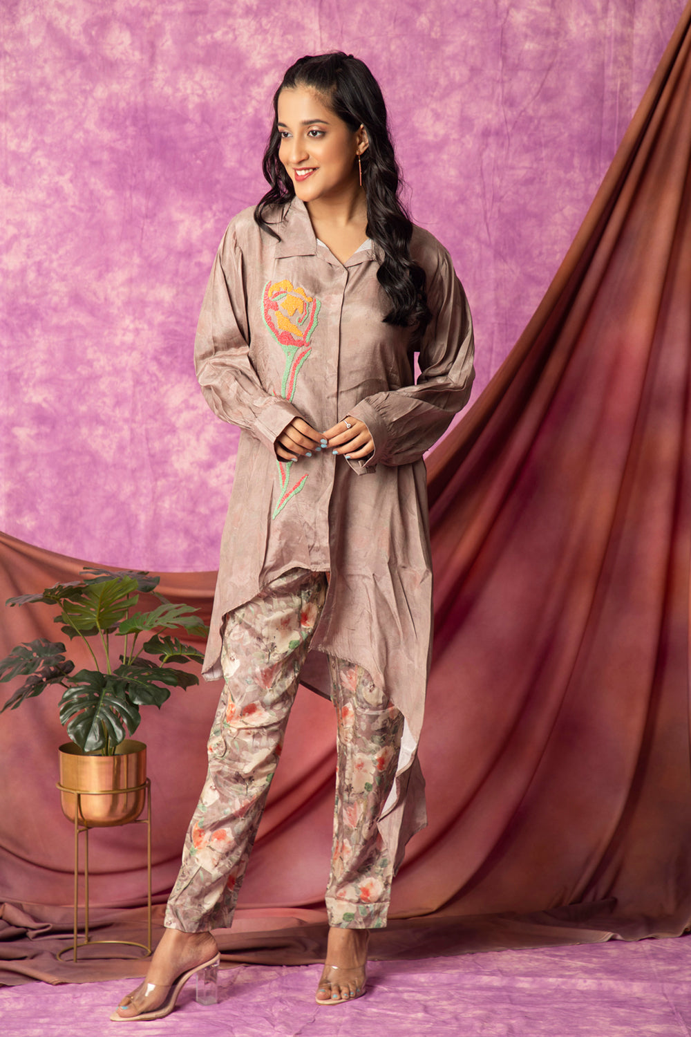 Kaftanize Brown Muslin Co-Ord Set With Embroidery