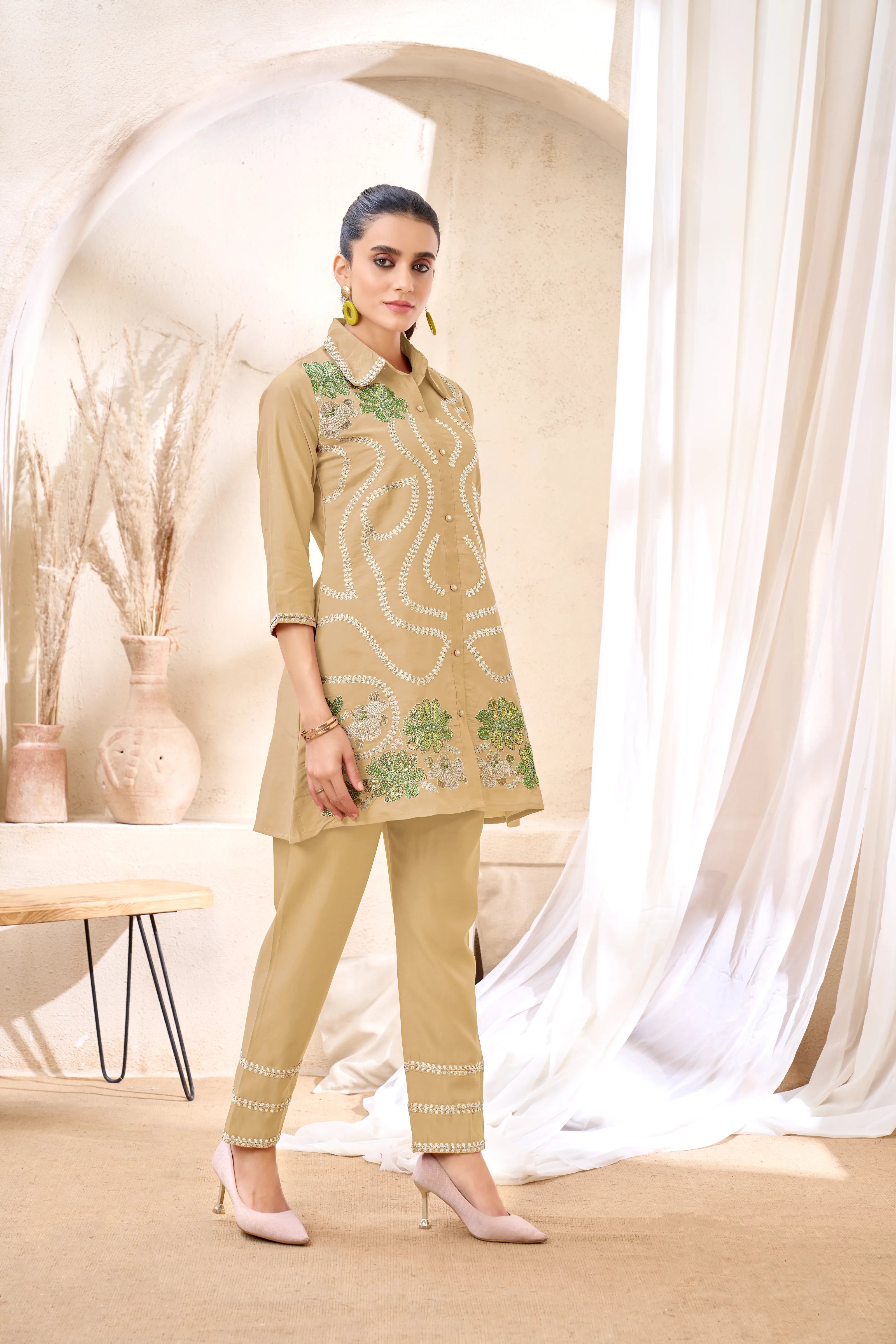 Embroidered Beige Co-Ord Set