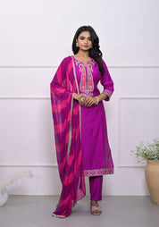 Purple Paisley Work Silk Blend Embroidered Cuff & Hem Ethnic Set with Dupatta