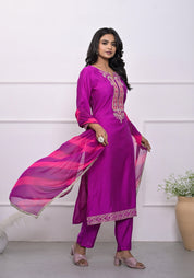 Purple Paisley Work Silk Blend Embroidered Cuff & Hem Ethnic Set with Dupatta