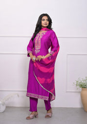 Purple Paisley Work Silk Blend Embroidered Cuff & Hem Ethnic Set with Dupatta