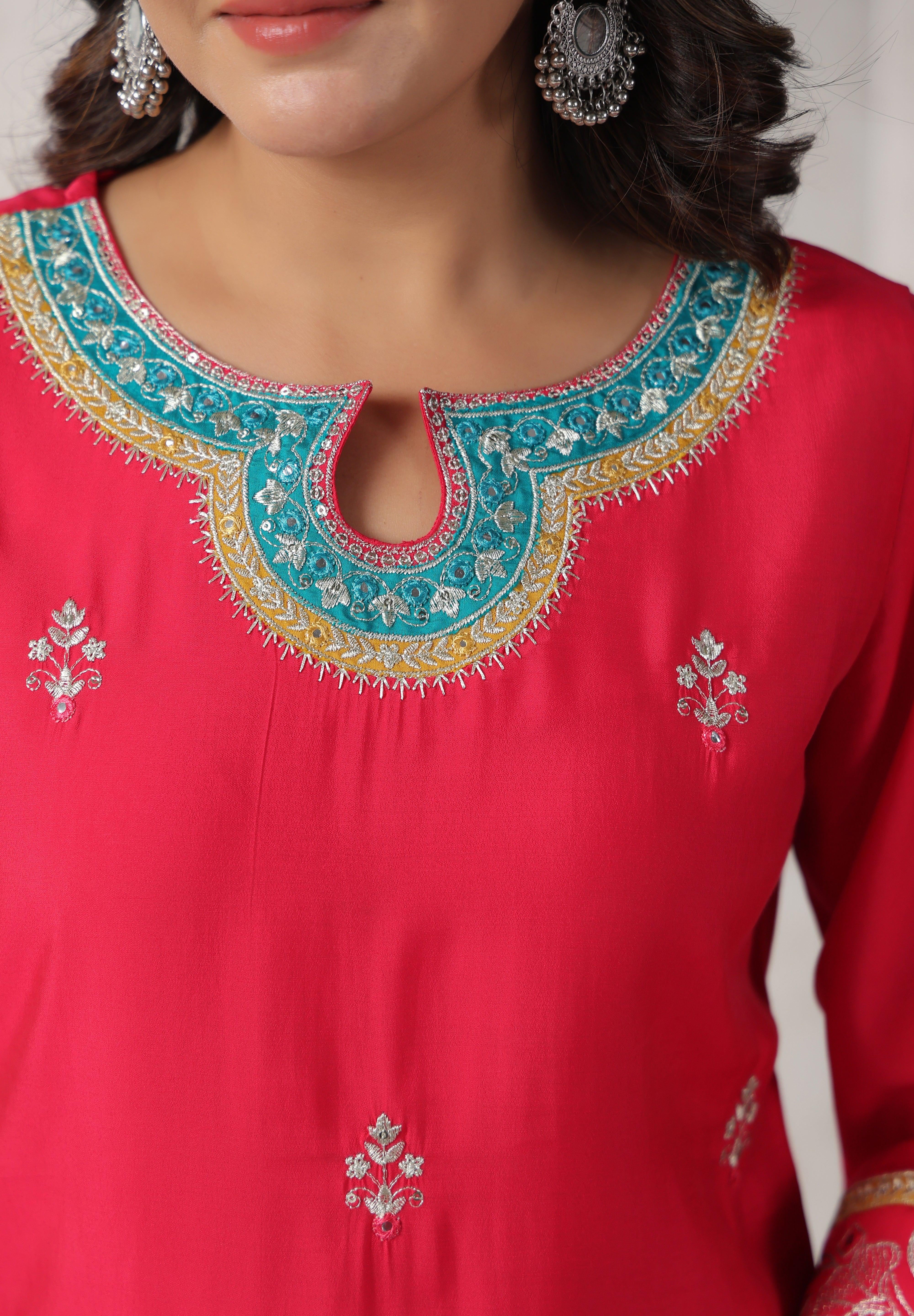 Maroon Mirror Work Silk Blend Embroidered Cuff & Hem Ethnic Set with Dupatta