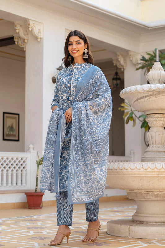 Blue Floral Printed & Embellished Cotton Kurta with Trousers & With Dupatta