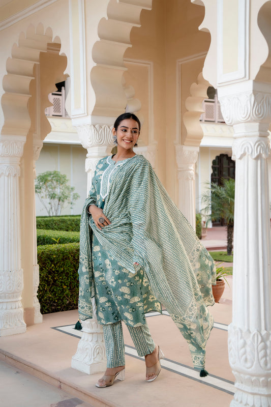 Teal Floral Printed & Lace Detail Cotton Kurta with Trousers & With Dupatta