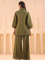 Mehandi Green Cotton Co-Ord Set with Rosebud Embroidery